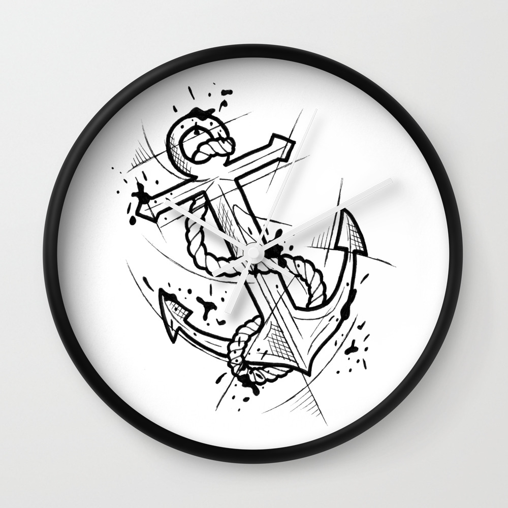 Anchor Handmade Drawing Made In Pencil And Ink Tattoo Sketch Tattoo Flash Blackwork Wall Clock By Lucagenart Society6