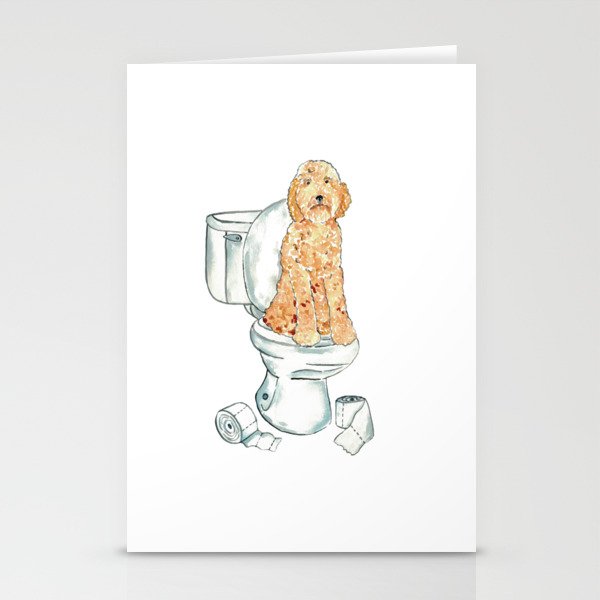 Golden doodle dog brown toilet Painting Stationery Cards