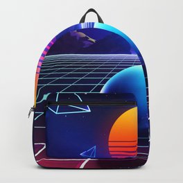 Neon sunset, mountains and sphere Backpack