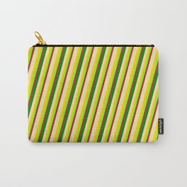 [ Thumbnail: Vibrant Beige, Yellow, Chartreuse, Red & Green Colored Pattern of Stripes Carry-All Pouch ]