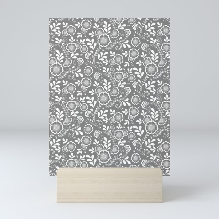 Grey And White Eastern Floral Pattern Mini Art Print