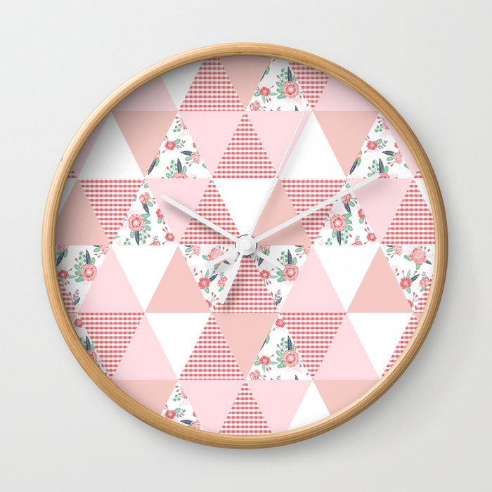 Quilt quilter cheater quilt pattern florals pink and white minimal modern nursery art Wall Clock