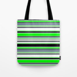 [ Thumbnail: Vibrant Lime, Grey, Black, Light Slate Gray & White Colored Pattern of Stripes Tote Bag ]