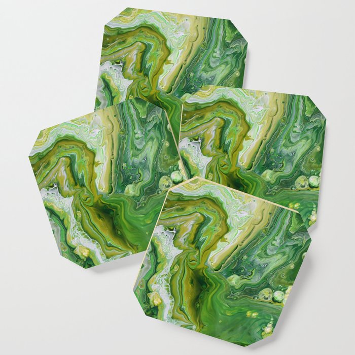 Take Five Fluid Acrylic Pour Painting Green Yellow Coaster By Colorflowcreations Society6