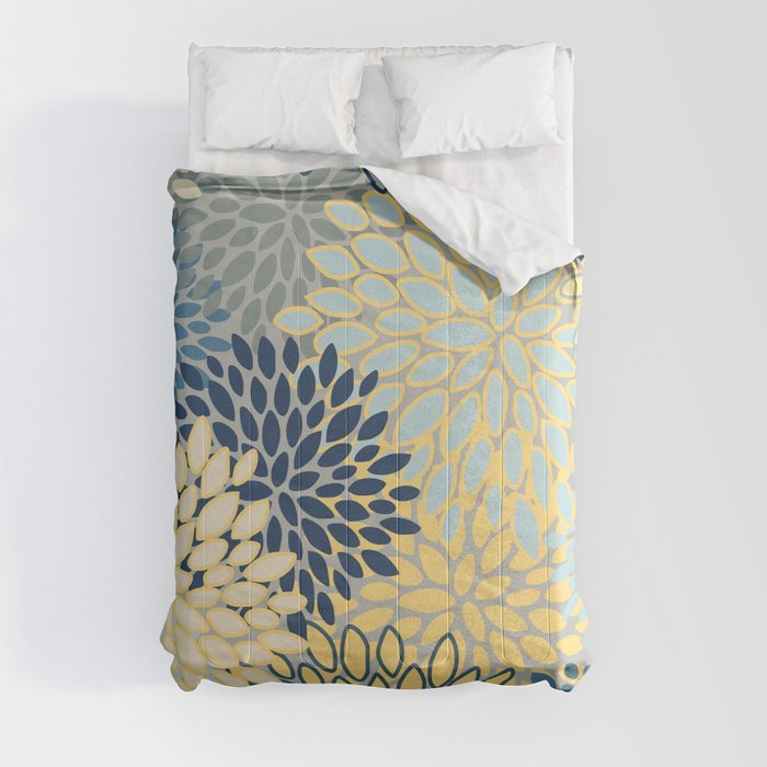 Floral Print, Yellow, Gray, Blue, Teal Comforter