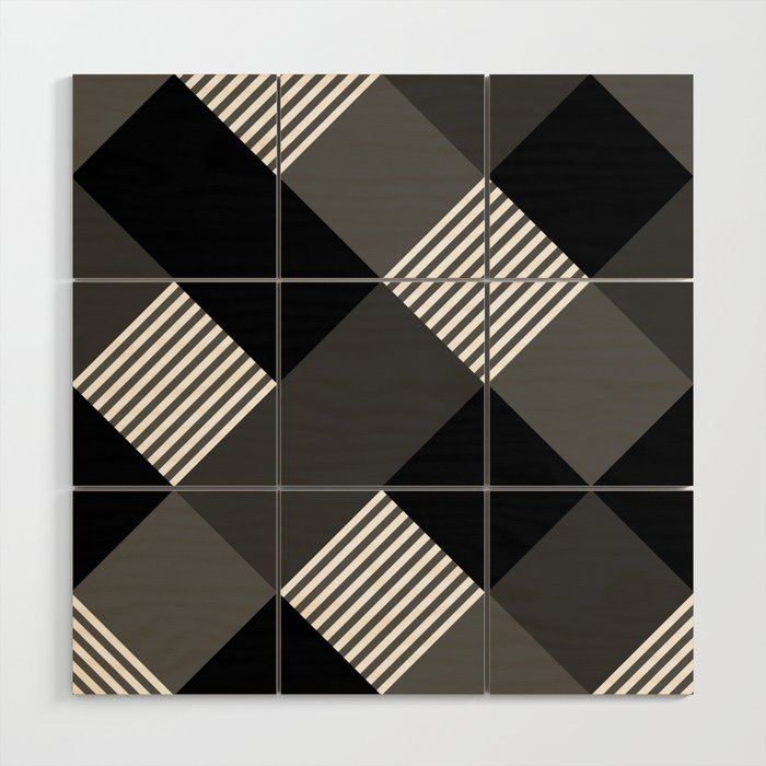 Diamond Plaid Stripes Harlequin Black White Gray Grey Wood Wall Art