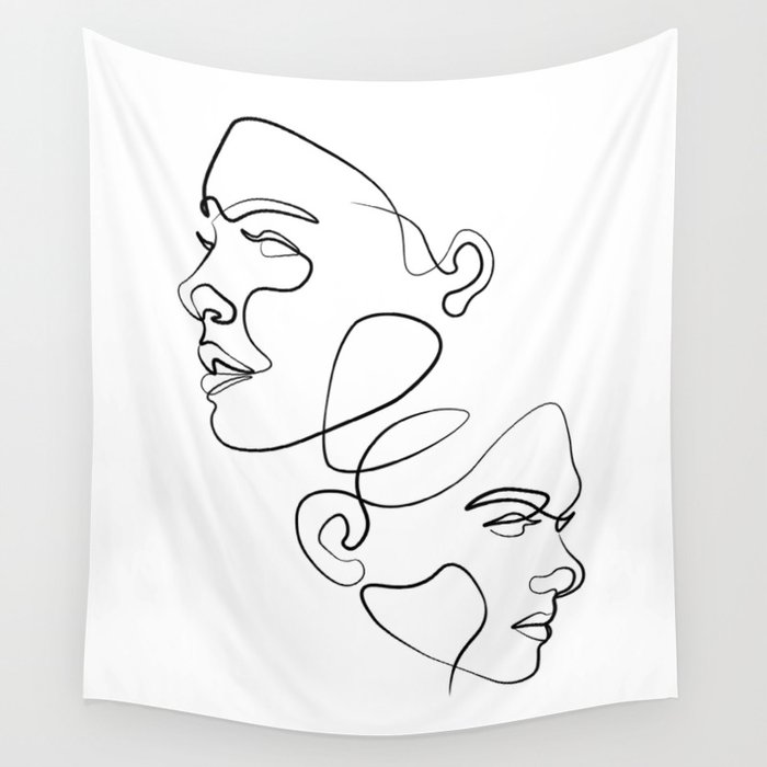 TWO WOMAN FACES IN DIFFERENT DIRECTIONS ONE LINE ART DESIGN Wall Tapestry