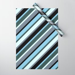 [ Thumbnail: Slate Gray, Black, Sky Blue, Dark Slate Gray & Light Cyan Colored Striped Pattern Wrapping Paper ]