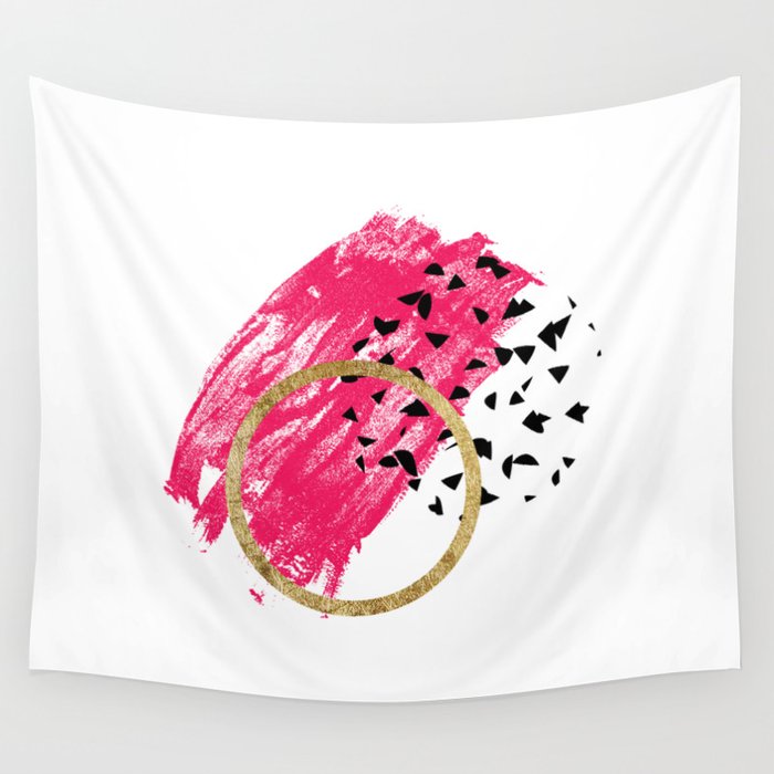 Abstract Black, Pink, & Faux Gold Brushstrokes Wall Tapestry