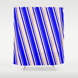 [ Thumbnail: Bisque & Blue Colored Lined Pattern Shower Curtain ]