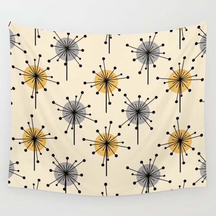 Midcentury Sputnik Starburst Flowers Yellow Gray Wall Tapestry