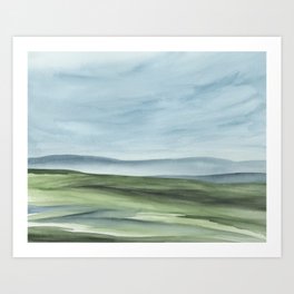 Windswept Valley I - Light Blue Wispy Clouds, Grass Green Valley Horizon Abstract Watercolor Nature Painting Art Print Wall Décor   Art Print
