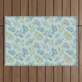 Watercolor pattern of leaves and berries on white background Outdoor Rug
