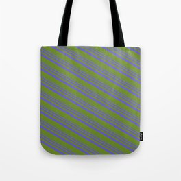 [ Thumbnail: Slate Blue & Green Colored Pattern of Stripes Tote Bag ]