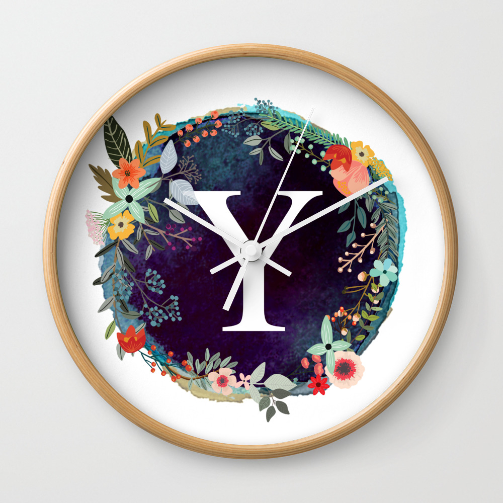 Personalized Monogram Initial Letter Y Floral Wreath Artwork Wall Clock By Aba2life Society6