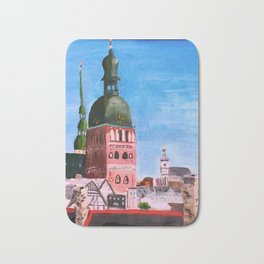 Vertical: Chimneys and Churches of Riga Bath Mat | Charlesdavidkelley, Acrylic, Riga, Chimneys, Rooftops, Latvia, Domecathedral, Painting 