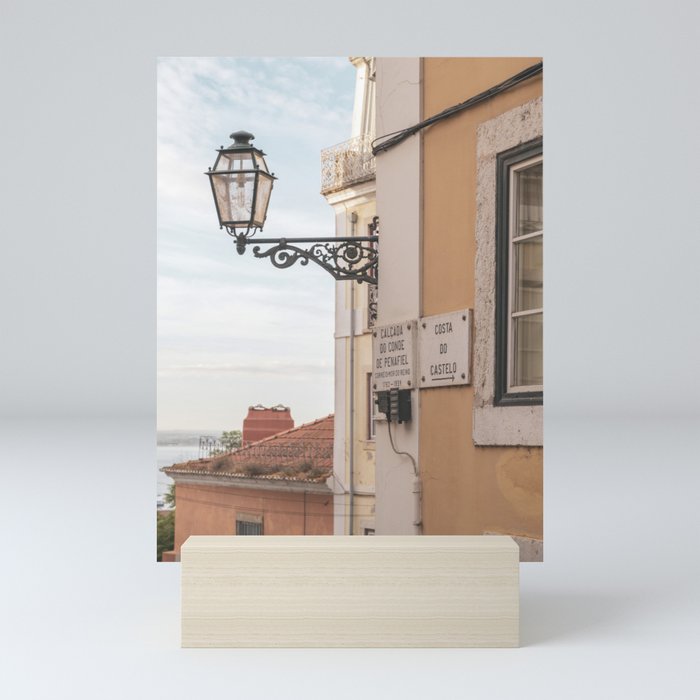 Vintage lantern in Lisbon art print - summer mediterranean street and travel photography Mini Art Print