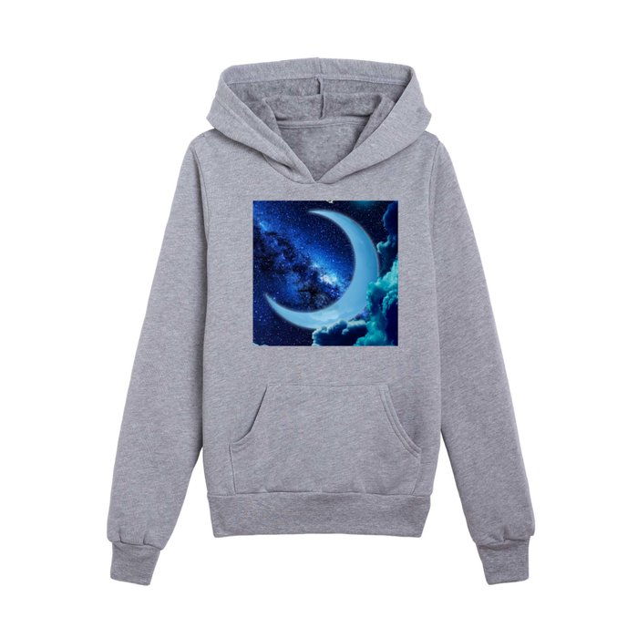 Birds Flying over a Blue Crescent Moon Kids Pullover Hoodie