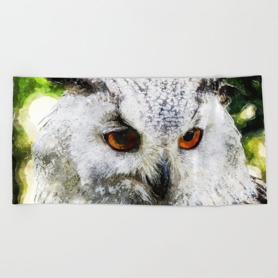 Owl Animal Bird Watercolor Illustration Beach Towel