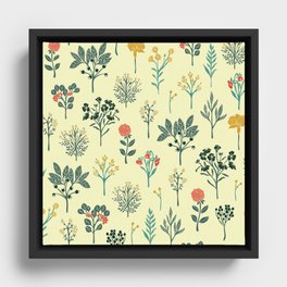 Dainty Yellow, Red, Teal & Cream Floral Pattern Framed Canvas