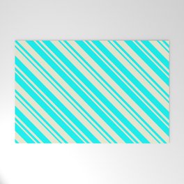 [ Thumbnail: Beige & Cyan Colored Pattern of Stripes Welcome Mat ]