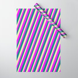 [ Thumbnail: Pale Goldenrod, Fuchsia, and Teal Colored Striped Pattern Wrapping Paper ]
