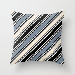 [ Thumbnail: Beige, Black & Light Slate Gray Colored Stripes/Lines Pattern Throw Pillow ]