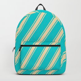 [ Thumbnail: Dark Turquoise and Tan Colored Lines Pattern Backpack ]