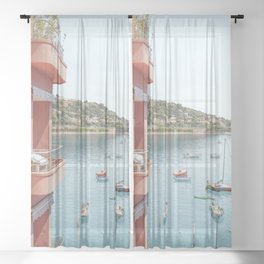Balcony View in the South of France | French Riviera Blue Water Art Print | Pastel Color Summer Travel Photography Sheer Curtain