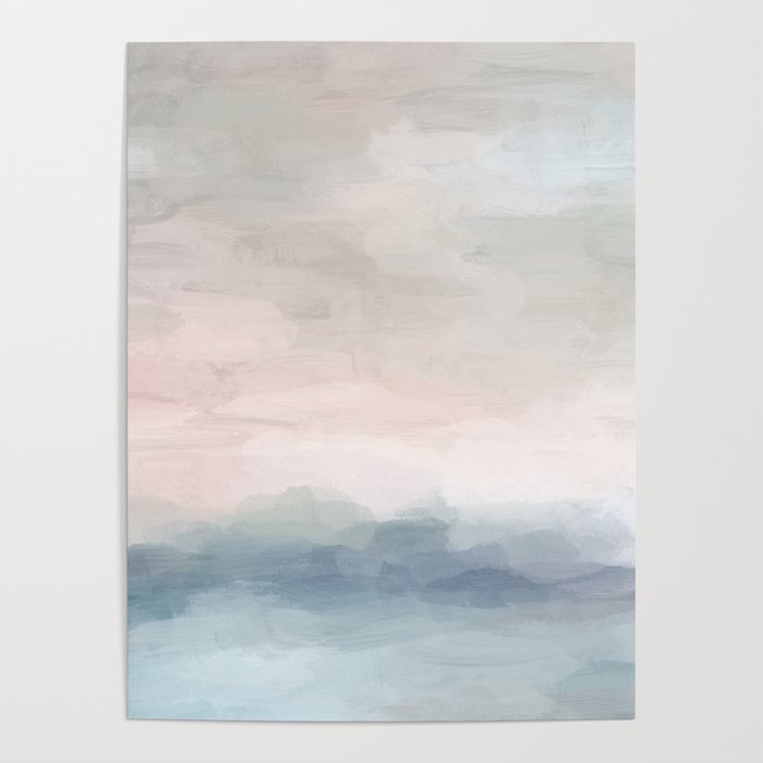 Atlantic Ocean Sunrise II - Blush Pink Mint Sky Baby Blue Abstract Sky, Water Clouds Painting Poster