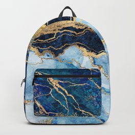 Abstract blue marble texture, gold foil and glitter decor, painted artificial indigo marbled surface, fashion marbling illustration Backpack