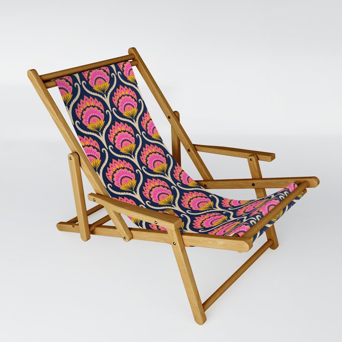 Bright ethnic ogee flame floral  - Hot pink, marigold and papaya orange on midnight blue Sling Chair