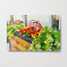 Red Flowers and Red Chairs Metal Print | Streetcafe, Painting, Digital, Streetlife, Flowers, Monetstyle, Chairs, Cityscape 