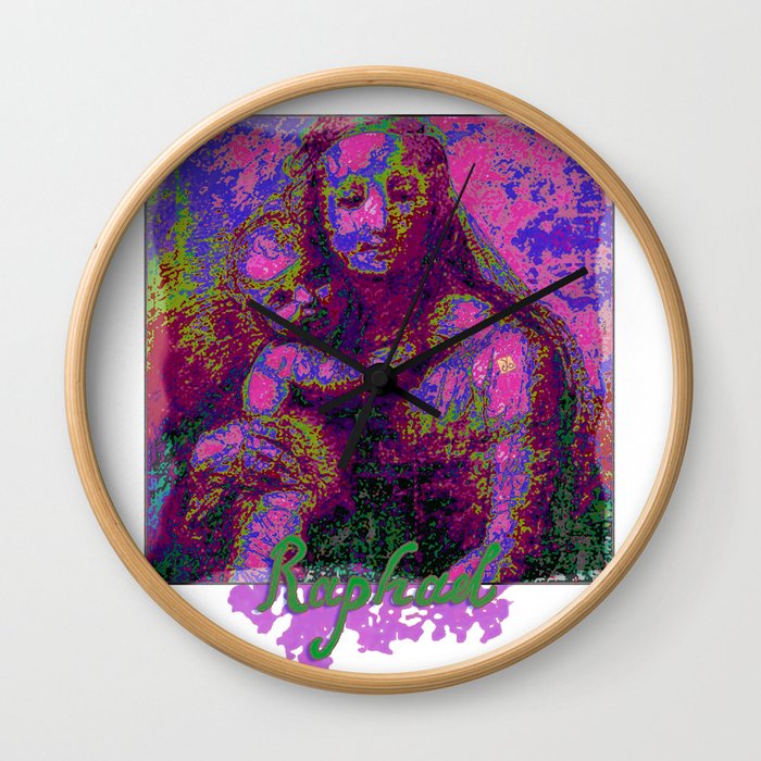 Madonna and Child, Painting by Raphael Sanzio, with his Signature - Pop Art Style Wall Clock