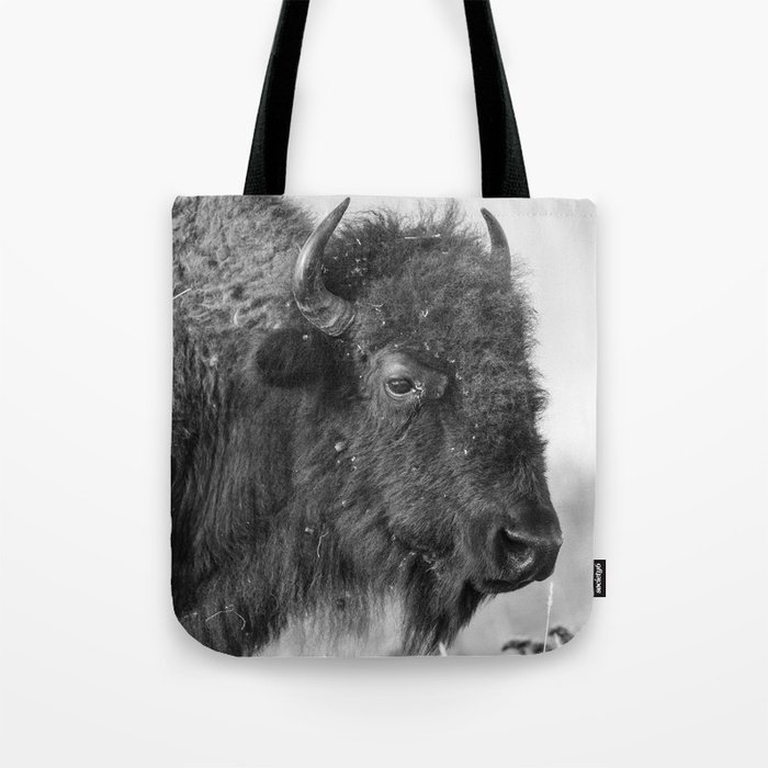 Profile of a Bison - Black and White Portrait of Buffalo on the Tallgrass Prairie in Oklahoma Tote Bag
