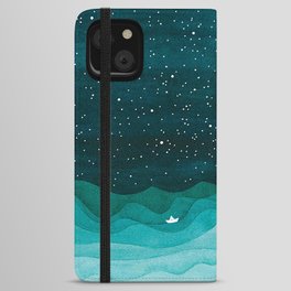 Starry Ocean, teal sailboat watercolor sea waves night iPhone Wallet Case