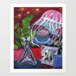 A Jellyfish Prepares Tea for the Meditating Zebra Art Print