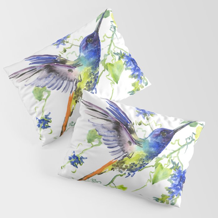 Hummingbird and Deep Blue Flowers, flying bird flowers design birds and flowers Pillow Sham