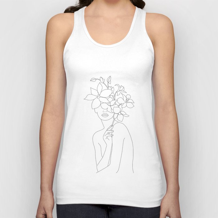 Minimal Line Art Woman with Orchids Tank Top