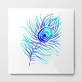 Blue Peacock Feather on White Background Metal Print