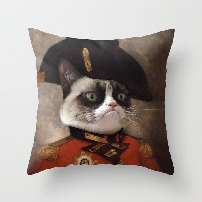 Angry cat. Grumpy General Cat. Throw Pillow