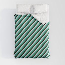 [ Thumbnail: Mint Cream, Turquoise, Sea Green & Black Colored Lines/Stripes Pattern Duvet Cover ]