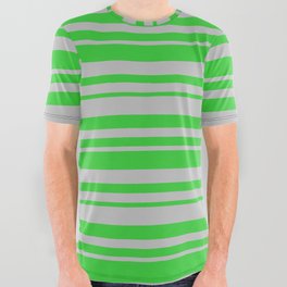 [ Thumbnail: Lime Green & Grey Colored Lined/Striped Pattern All Over Graphic Tee ]
