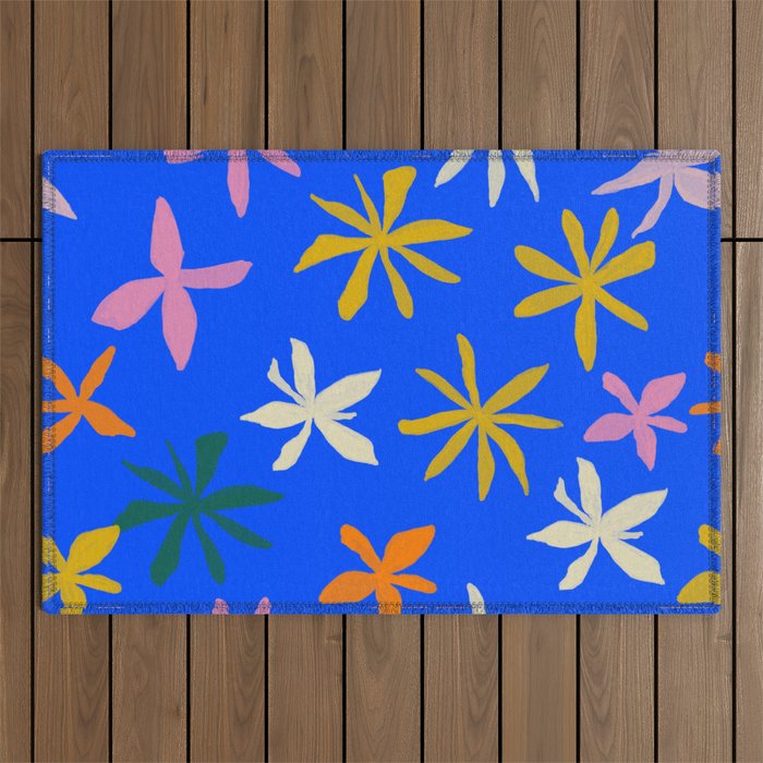 Colorful Flowers on Neon Cobalt Blue Outdoor Rug
