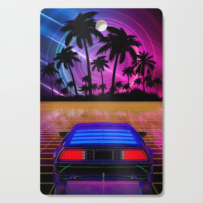Neon landscape: Synthwave horizon & car [synthwave/vaporwave/cyberpunk] — aesthetic poster, retrowav Cutting Board