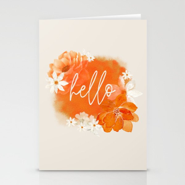 Orange Floral "Hello" Print Stationery Cards