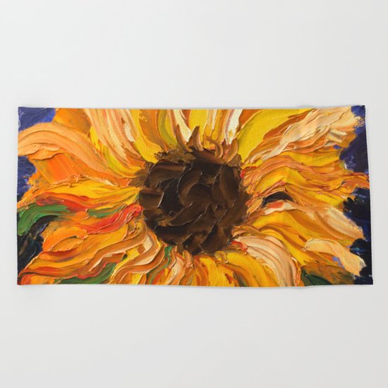 Fiery Sunflower - Original Painting Beach Towel