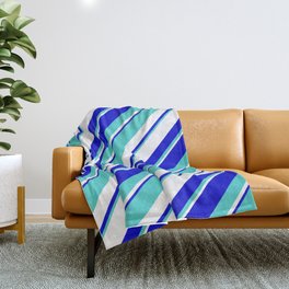 [ Thumbnail: Turquoise, White, and Blue Colored Striped/Lined Pattern Throw Blanket ]