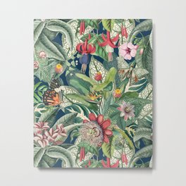 Tropical Paradise VIII Metal Print | Butterflies, Plumeria, Blue, Botany, Orange, Summer, Painting, Flowers, Pink, Strelitzia 