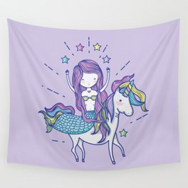Mermaid Riding Unicorn Purple Wall Tapestry
